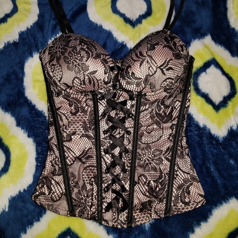 Strappy Plunging Lace Corset with Lace-up Front